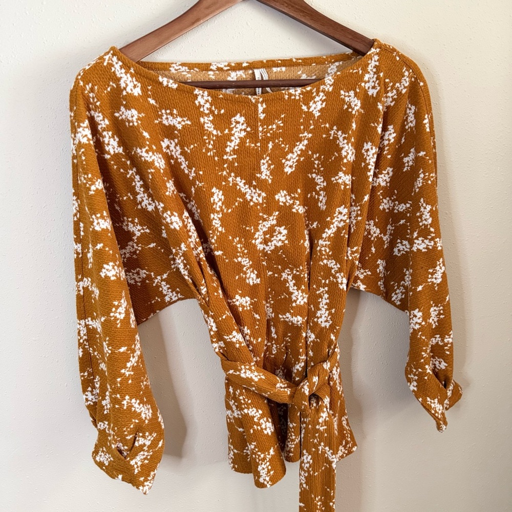 Anthropologie Rust Floral Tie Waist Peplum Blouse XS Balloon Sleeve
